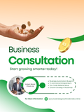 Advertisement for business consultation services with a hand holding coins and a gold coin on a light background.