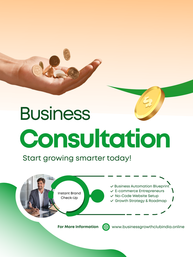 Advertisement for business consultation services with a hand holding coins and a gold coin on a light background.