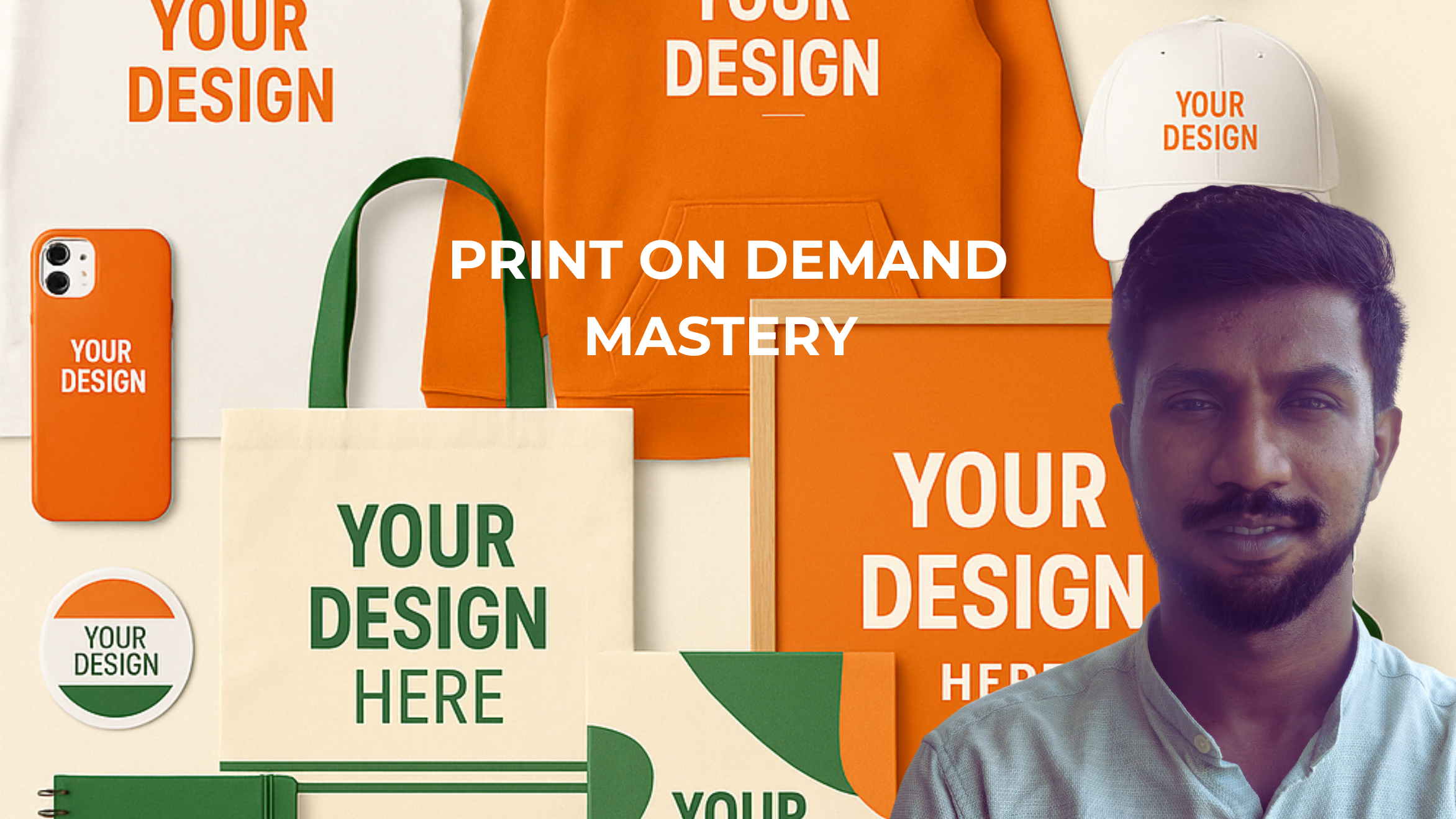 Promotional graphic for print-on-demand services with various products and text overlay.