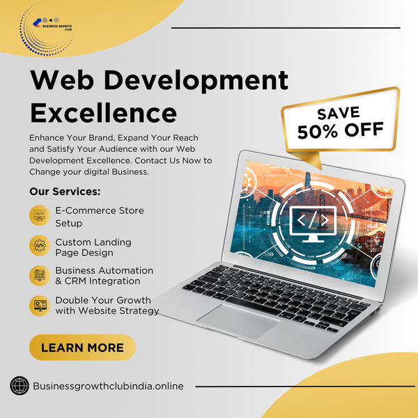 Promotional graphic for web development services with a laptop and text on a white background